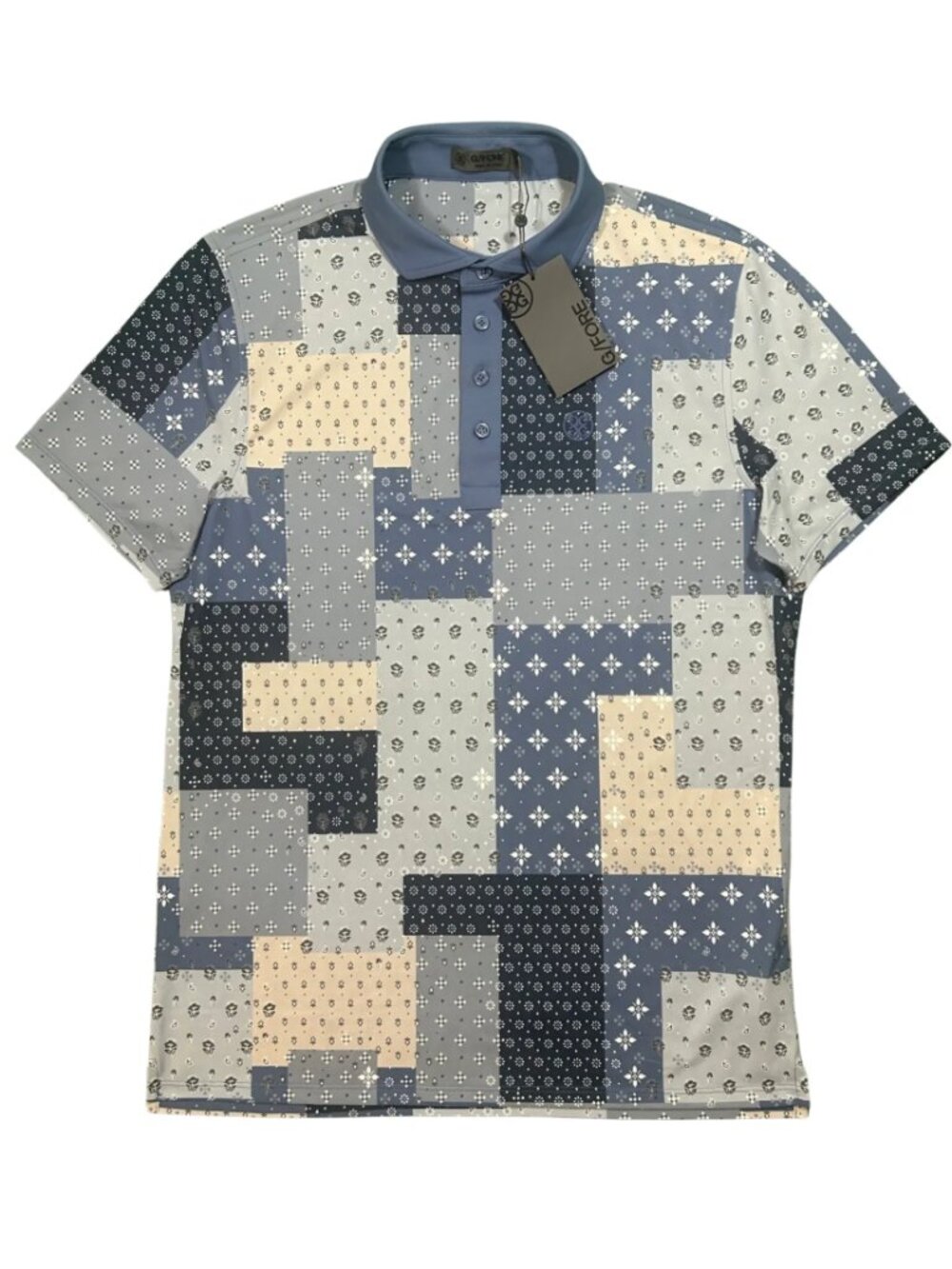 G/FORE Slate Blue Boro Patch Tech Piqué Golf Polo Patchwork Floral Stretch NWT M